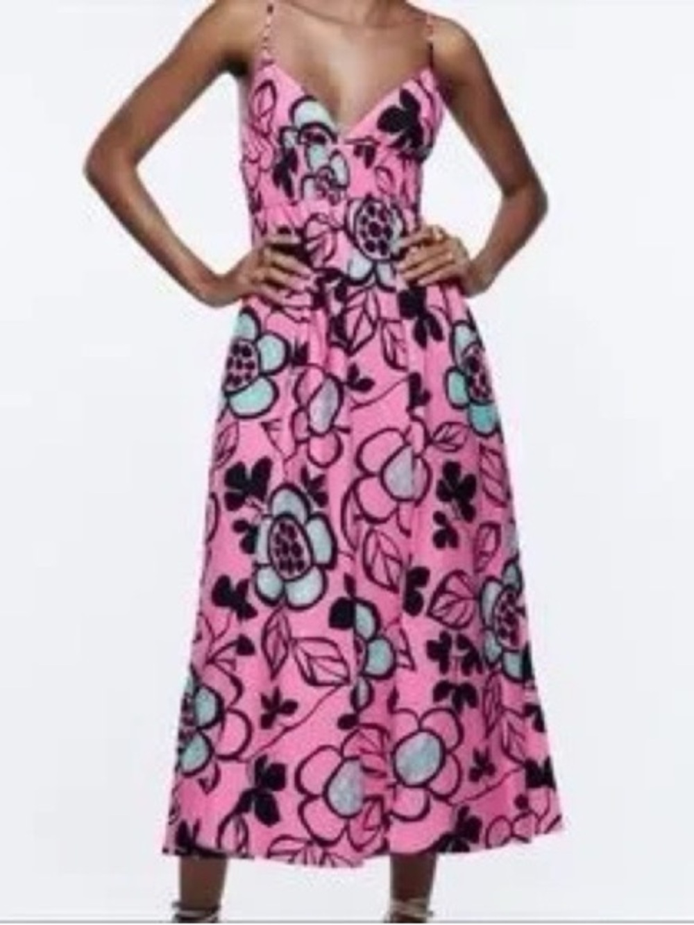 Zara Bright Pink Floral Midi Dress with Black & Light Blue Accents